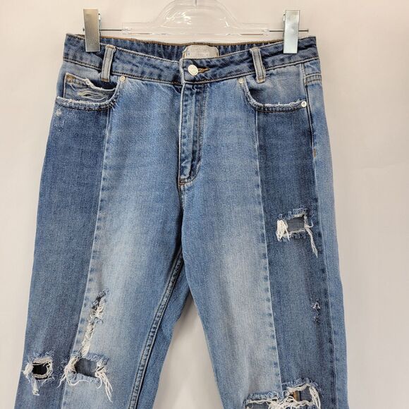 Free People Jeans Womens 27 Two Tone Straight Leg Crop Distressed Hippie Boho - Picture 2 of 12